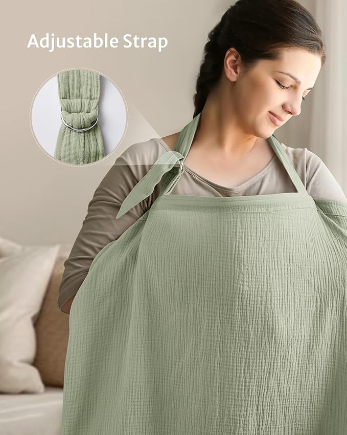 Blissful Diary Muslin Nursing Cover for Breastfeeding, Breathable Breastfeeding Cover up with Arch Neckline for Women, Nursing Apron(Sage Green)