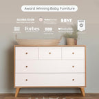 dadada Austin 5-Drawer Dresser for Nursery and Bedroom - Modern Design, Large Storage, Baby-Safe Finish, Anti-Tip Safety, Solid Wood Feet, Durable Construction (White+Natural)