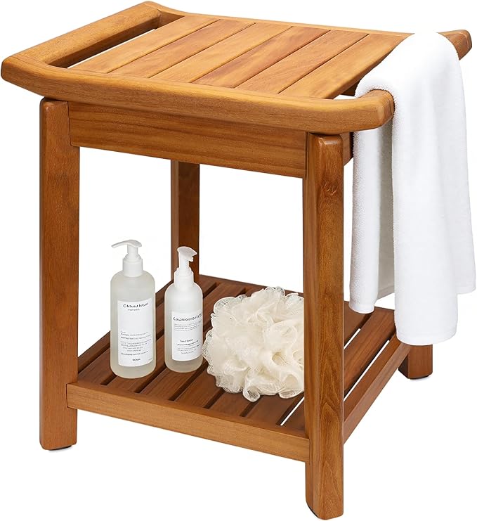 Teak Shower Bench-Solid Teak Wood Shower Chair with Towel Bars & Storage Shelf, Stable Non-Slip Bathroom Stool for Elderly & Recovery, Heavy Duty Shower Seat for Inside Shower & Tub Safety 17 inch