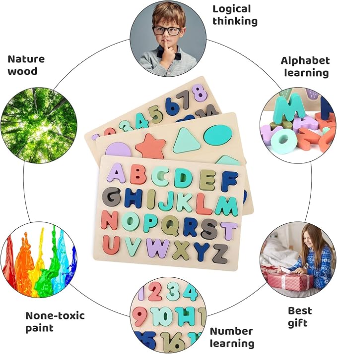 Wooden Puzzles for Toddlers, Voamuw Wooden Alphabet Number Shape Puzzle Toddler Education Learning Toys for Kids Ages 3 4 5 Years Old (Set of 3)