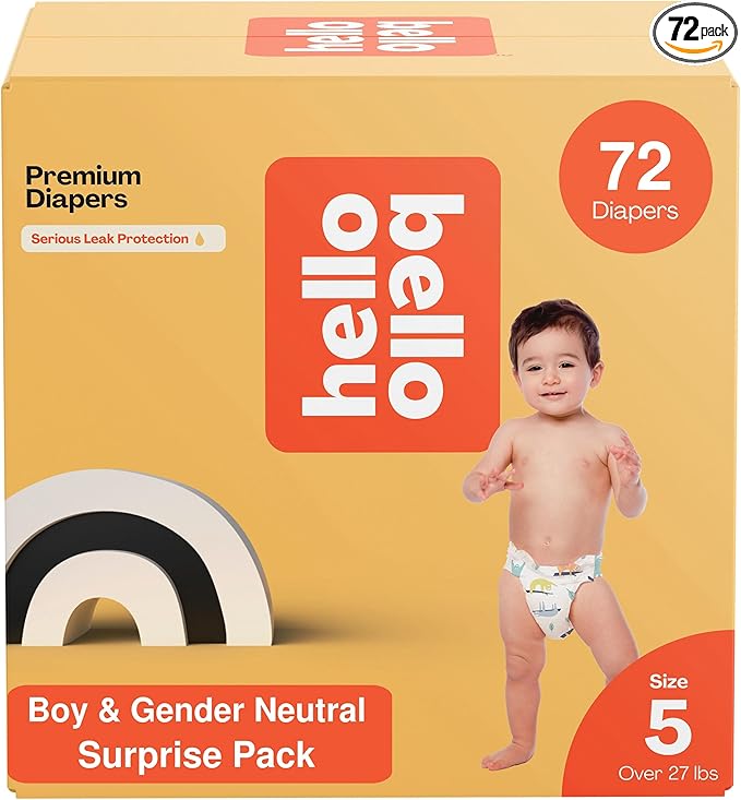 Hello Bello Premium Diapers, Size 5 (27+ lbs) Surprise Pack for Boys - 72 Count, Hypoallergenic with Soft, Cloth-Like Feel - Assorted Boy & Gender Neutral Patterns