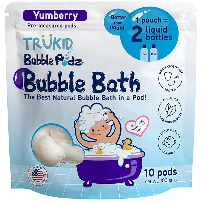 TruKid Bubble Podz Bubble Bath for Kids, Toddlers, & Babies, Tear Free Gentle & Refreshing Bath Bomb for Sensitive Skin with Natural Moisturizers, Non-Toxic, pH Balanced, Yumberry Scent (10 Podz)