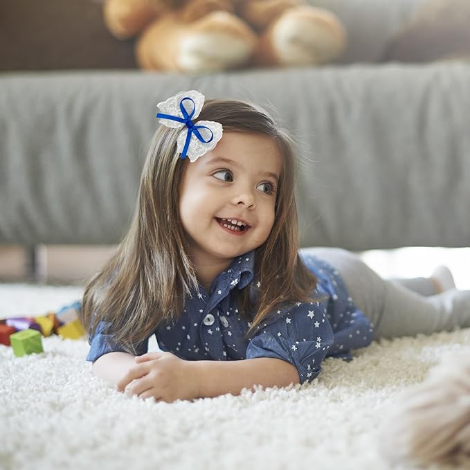2pcs Blue Hair Bows for Girls, White Lace Bow with Blue Ribbon, Alligator Bow Hair Clips, Handmade Hair Accessories for little Girls