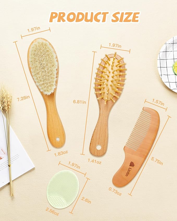 Lictin Baby Hair Brush and Comb Set, 4 Pcs Newborn Hair Brush with Soft Bristle, Natural Goat Hair and Wood Baby Cradle Cap Comb for Newborns & Toddlers, Newborn Baby Essentials, Perfect Registry Gift