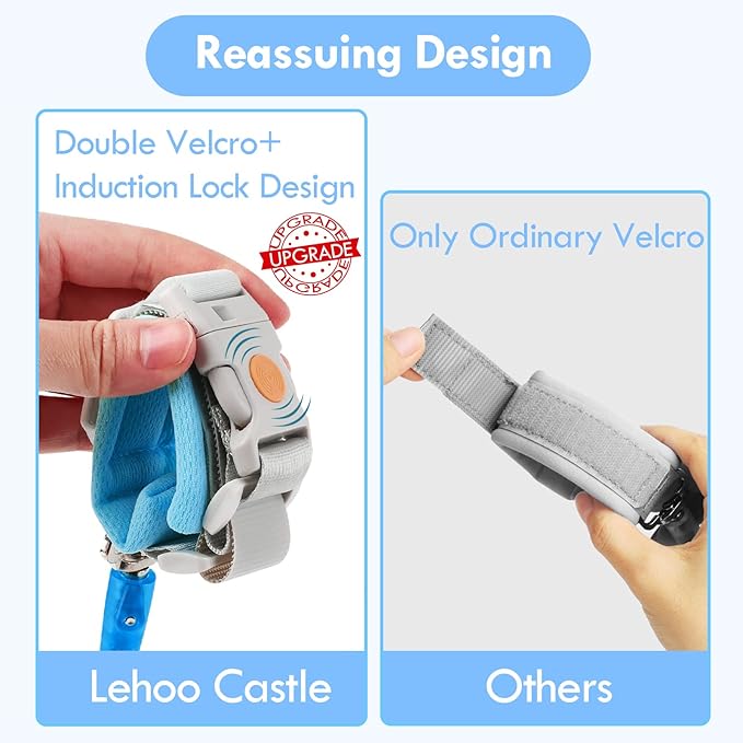 Lehoo Castle Kid Leash, 4.9ft Anti Lost Wrist Link for Toddlers with Induction Lock, Reflective Toddler Wrist Leash, Child Leash Harness, Leash for Kids (Light Blue)