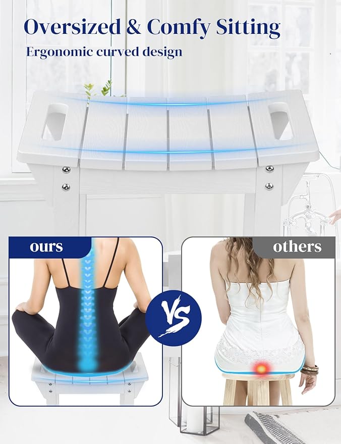 Waterproof Shower Bench, Poly Lumber Shower Stool for Shaving Legs, Shower Chair Seat with Storage Shelf and Handles, Bathroom Bench for Inside Shower, Non-Slip