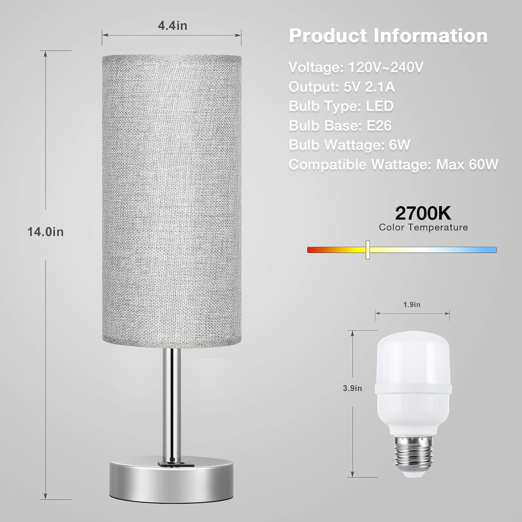 Grey Touch Nightstand Lamps for Girl - Small Bedside Lamp with USB-C and USB Charging Ports, 3 Way Dimmable Control Table Lamp for Living Room Office, Dorm, Reading with Fabric Shade Silver Base