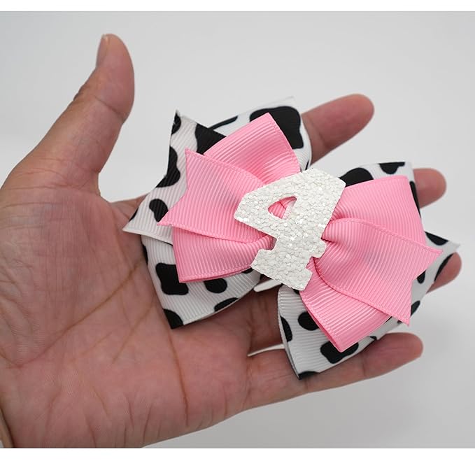 Birthday Hair Bow for Baby Girls 1 2 3 4 5 6 Years Sprinkle Decorations Party Hair Accessories for Four 4th Birthday Cow Print Cowgirl
