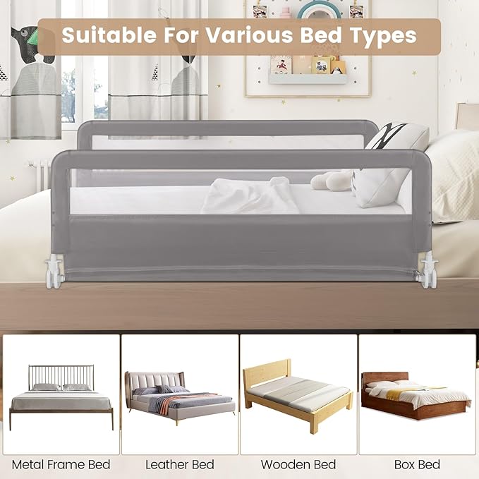 HONEY JOY Bed Rail for Toddlers, 59-in Extra Long, Portable Safety Bed Guardrail w/Double Safety Child Lock, Foldable Baby Bed Rail Guard, Fit King & Queen Full Twin Size Bed Mattress (1 Pack, Gray)