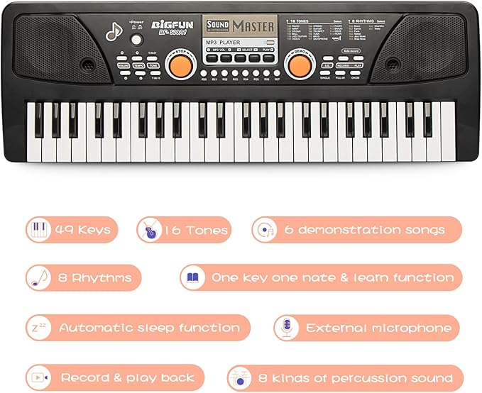 Raimy Piano Keyboard for Kids 49 Keys Portable Keyboard Piano Early Learning Educational Electronic Musical Instrument Toys Gifts for 3 4 5 6 7 8 9 Year Old Boys and Girls (Black)