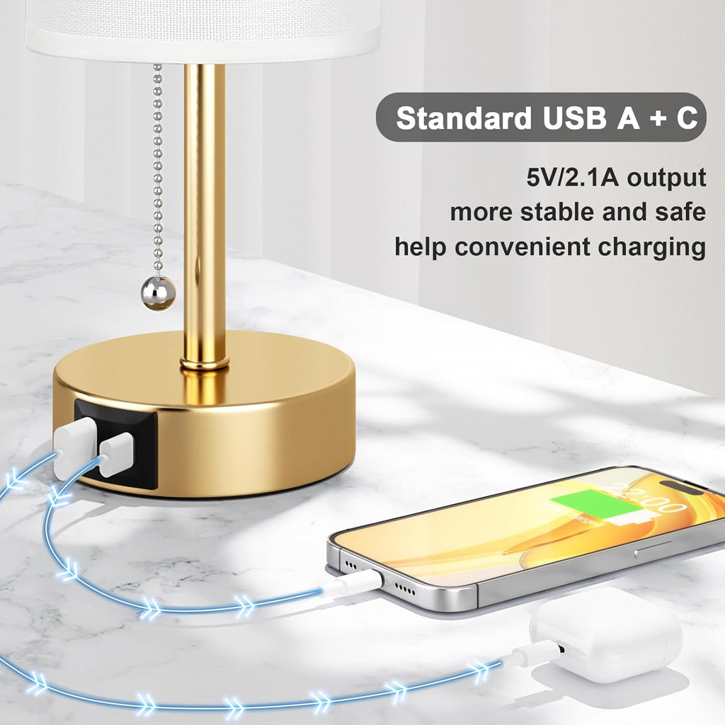 Gold Bedside Lamp for Bedroom Nightstand - Small Table Lamp with USB A + C Charging Port, 3 Color Temperatures Pull Chain Night Stand Light, Side Table Desk Reading Lamp for Living Room/Dorm Room