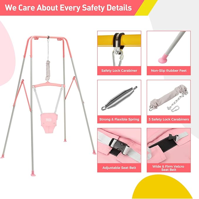 FUNLIO 2 in 1 Swing Set for Toddler & Baby Jumper, Heavy Duty Kids Swing & Bouncer with 4 Sandbags, Foldable Metal Stand for Indoor/Outdoor Play, Easy to Assemble and Store - Pink