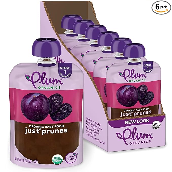 Plum Organics Just Prunes, 4+ Months - Organic Baby Food Pouches, 3.5 oz Pouch (Pack of 6)
