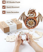 Rnfinewow 3D Wooden Puzzles for Adults, 3D Puzzles Dragon Clock Kit (with Pendulum), Beginners Wooden Puzzle for Adults Teens Home Wall Decor Clock Gifts for Men Women
