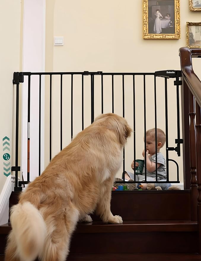 Babelio Easy to Remove & No Bottom Bar Baby Gate, 29-43" Hardware Mounted (Drill Needed)| Wide Walk-Thru| Auto-Close Safety Dog/Pet Gate for Stairs & Doorways (Black, 29-43" W, 30" H)
