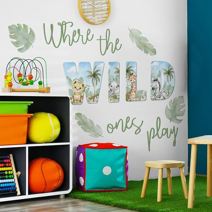 27.95x21.65 Inches Watercolor Wild Jungle Animal Wall Decals - Forest Safari Removable Stickers for Baby's Nursery, Playroom, Bedroom, Classroom - Tiger, Elephant, Giraffe Decor