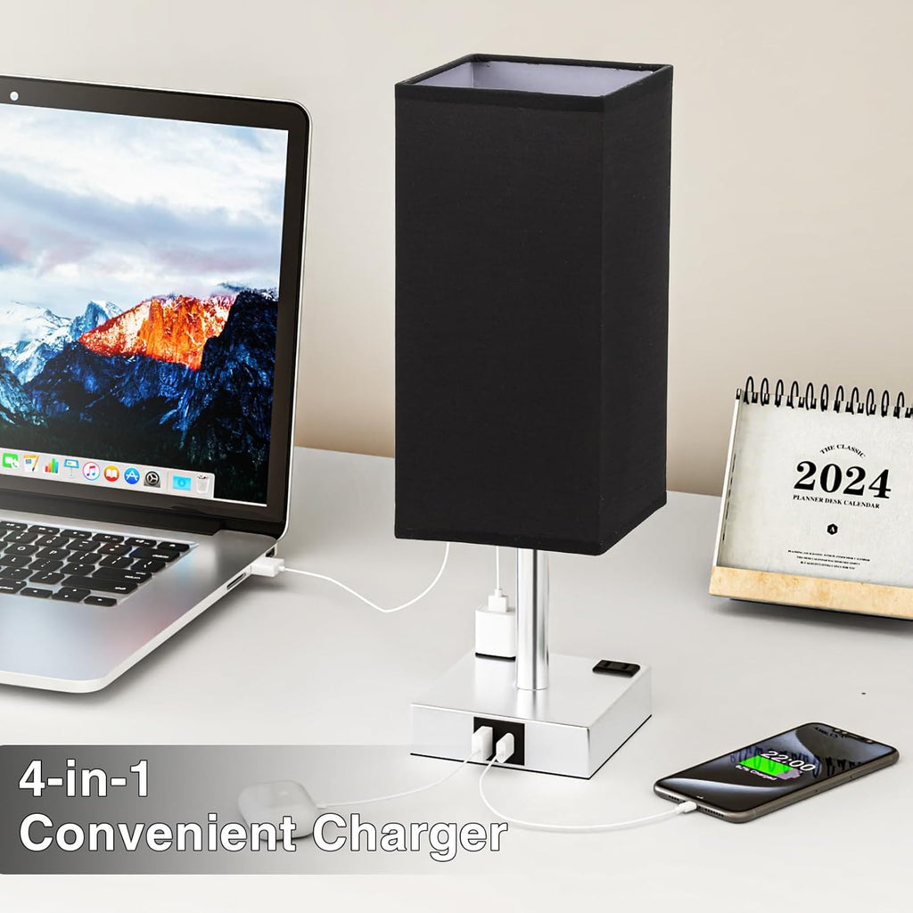 Touch Bedside Table Lamp for Nightstand - 3-Way Dimmable Night Lamp with USB A + Type C Charging Ports and Two AC Outlets, Small Desk Light with E26 LED Bulb for Bedroom Living Room Dorm Office,Black