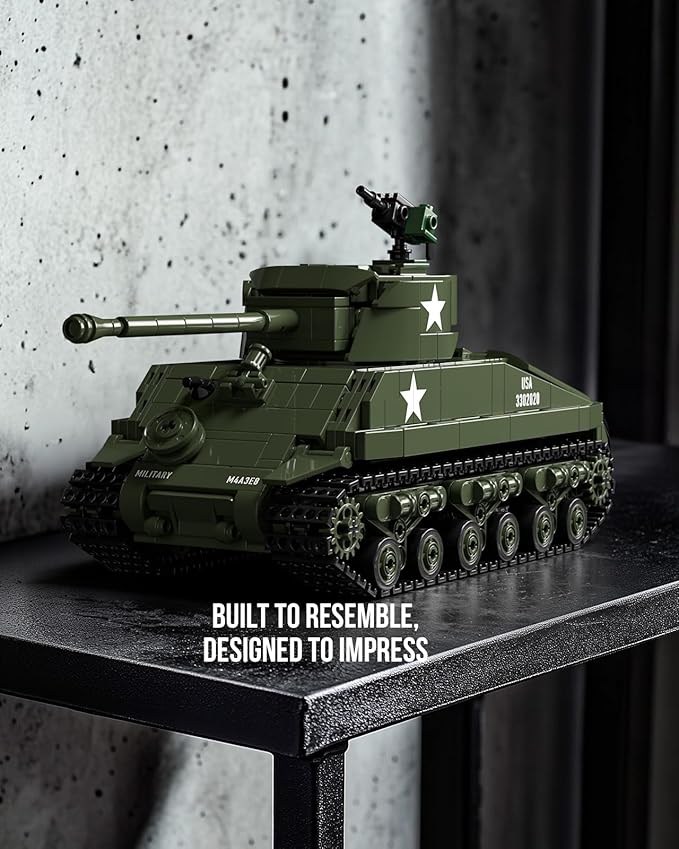 Nifeliz Sherman Military Tank Building Set for Adults, Collectible WW2 Military Model Toy to Build and Display, M4 Medium Vehicle for Army Enthusiasts (860 PCS, NF10313)
