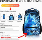Custom Wolf Backpack for Boys Kids - 17 Inch Personalized Lightning Backpack for School Kindergarten Elementary Primary Senior Middle - Durable Cool Schoolbag with Name