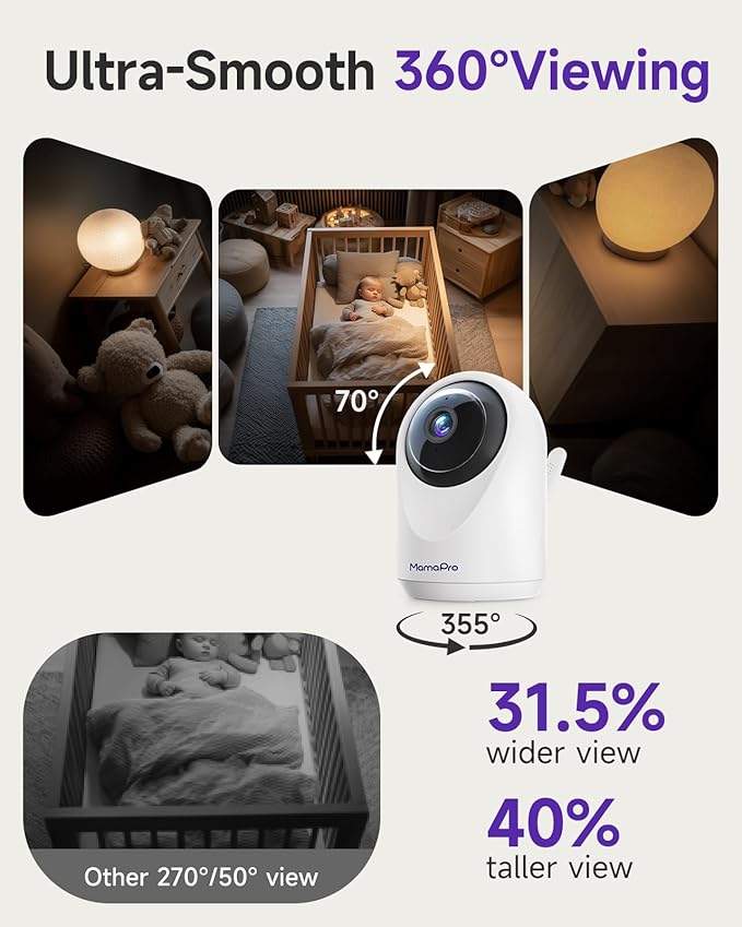 Baby Monitor with Camera and Audio - 2K Color Night Vision, WiFi Video Baby Monitor - 355° Pan/70°Tilt, AI Motion/Cry/Temp/Humidity Alerts, 2-Way Audio, App for 20 Users, 8 Lullabies