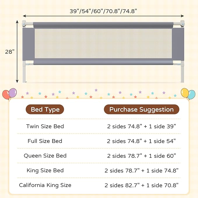 3-Piece Twin Size Bed Rail for Toddlers - Adjustable Baby Bed Rail Guard, Kids Safety Bed Rail for Twin Size Bed (74.8"x74.8"x39"-Purple)
