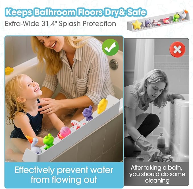 Bathtub Splash Guard for Kids - 31.4 Inch Extra Wide Bath Splash Barrier with 11 Strong Suction Cups, Flexible Silicone Tub Ledge Organizer to Keep Bathroom Floor Dry(Grey)
