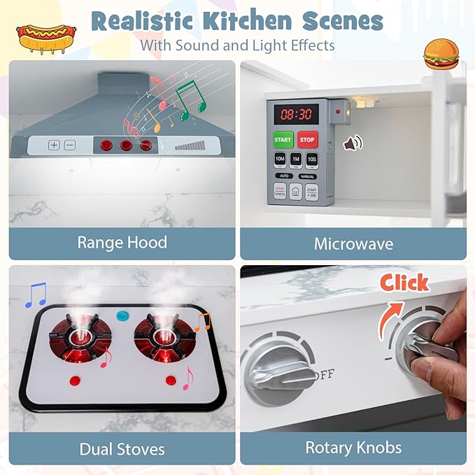 Costzon Kids Kitchen Playset, Pretend Cooking Toys w/Washing Basin, Real Lights & Sounds, Microwave, Oven, Blackboard, Ice Maker, Range Hood, Stoves, 2-PieceCorner Wooden Play Kitchen for Kids 3+