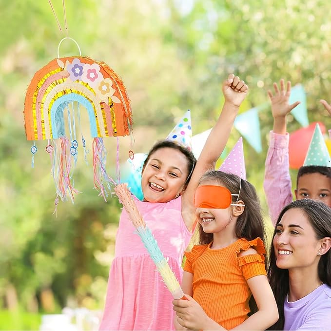 WERNNSAI Foldable Rainbow Pinata - Rainbow Pull String Pinata with Blindfold and Bat for Bundle Piñata Boho Theme Birthday Baby Shower Party Decoration Carnival Party Games Supplies 16.4" x 12.3"
