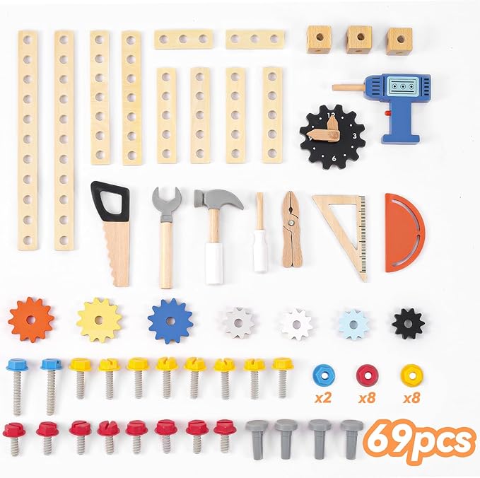 69‑Piece Wooden Kids Tool Bench – Montessori Toddler Workbench with Pretend Power Drill, Clock & Storage Shelf – STEM Construction Play Set for Boys & Girls Ages 3‑5