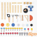 69‑Piece Wooden Kids Tool Bench – Montessori Toddler Workbench with Pretend Power Drill, Clock & Storage Shelf – STEM Construction Play Set for Boys & Girls Ages 3‑5