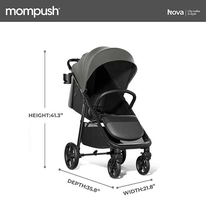 Mompush Nova Baby Stroller for Toddler, Infant & Newborn | Spacious Seat & Lie-Flat Mode | Compact One-Hand Fold, UPF 50+ Canopy & All-Wheel Suspension | Includes Rain Cover & Cup Holder, Green