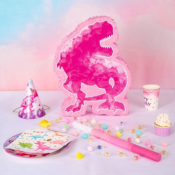 WERNNSAI Dinosaur Piñata - Watercolor Pink Dinosaur Piñata Birthday Piñata with Stick and Blindfold for Kids Birthday Party Game Classroom Activities Rose Dinosaur Themed Party Decors(16.1’’ x 12.4’’)
