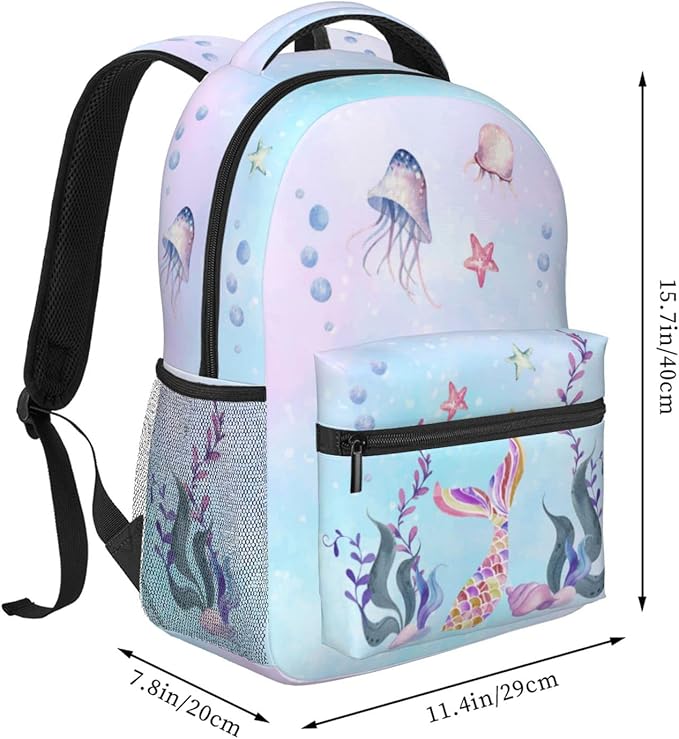 Girls Mermaid Backpack, Girl's Dreamy Underwater World School Bag with Jellyfish & Starfish Prints, Kawaii Lightweight Bookbag for Girls Boys Age 5-12, Ideal for School Travel Outdoor Hiking