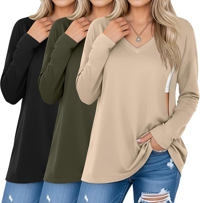 3 Pack Women's Oversize Nursing Shirts for Breastfeeding with Hidden Zippers Loose Fit Long Sleeve Maternity Tops(Khaki, Army Green, Black,Medium)