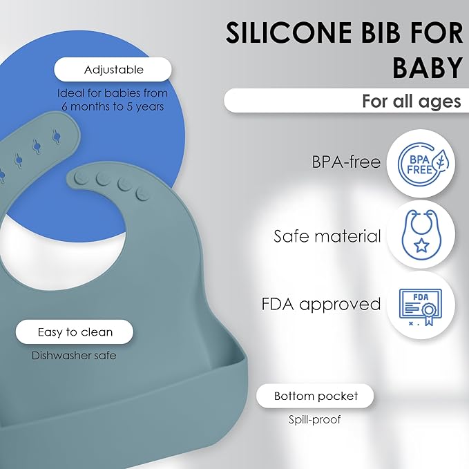 Bluet B- Silicone Baby Feeding Set with Pacifier - Baby Led Weaning Supplies - Baby Spoons, Suction Bowl - Plate - Baby Utensils Set - Silicone Feeding Set for Baby First Foods - 11pcs - Blue