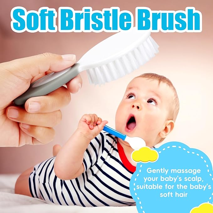 Baby Hair Brush and Comb Set, 4Pcs Baby Soft Bristles Brush Cradle Cap Brush Hair Comb for Newborns Toddlers Boys Girls (Grey)