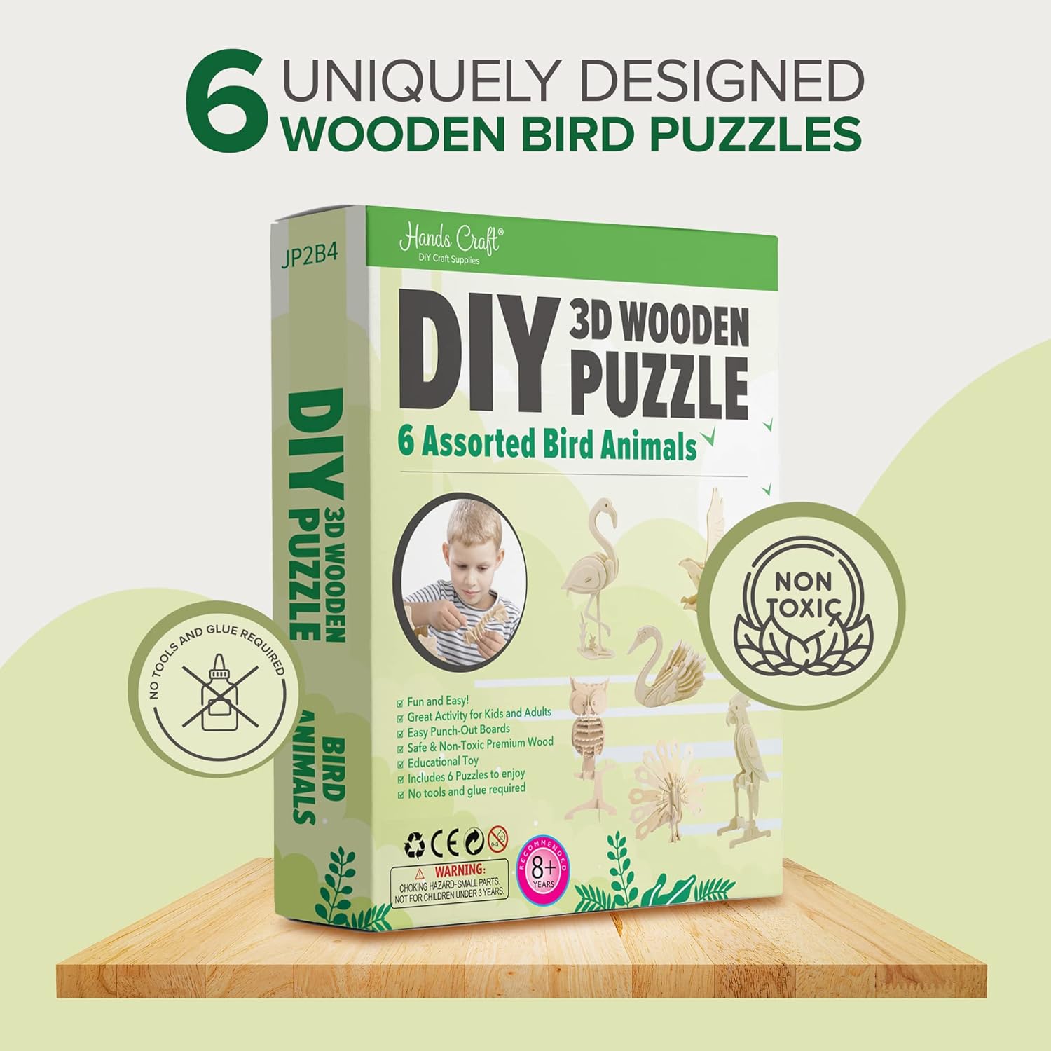 Hands Craft DIY 3D Wooden Puzzle – 6 Assorted Bird Animals Bundle Pack Set Brain Teaser Puzzles Educational STEM Toy Adults and Kids to Build Safe and Non-Toxic Easy Punch Out Premium Wood JP2B4