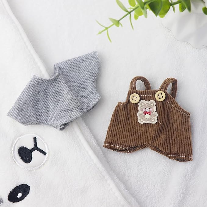 2-Piece Doll Clothes Set – Adorable Bear Themed Bib Pants & Gray T-Shirt for 15cm/17cm Dolls – Perfect Outfits Accessories Fits 15cm Dolls (No Doll)