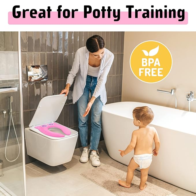 Portable Potty Seat for Toddler Travel - Foldable Non-Slip Potty Training Toilet Seat Cover for Girls, Baby Kids with Drawstring Bag (Pink Owl)