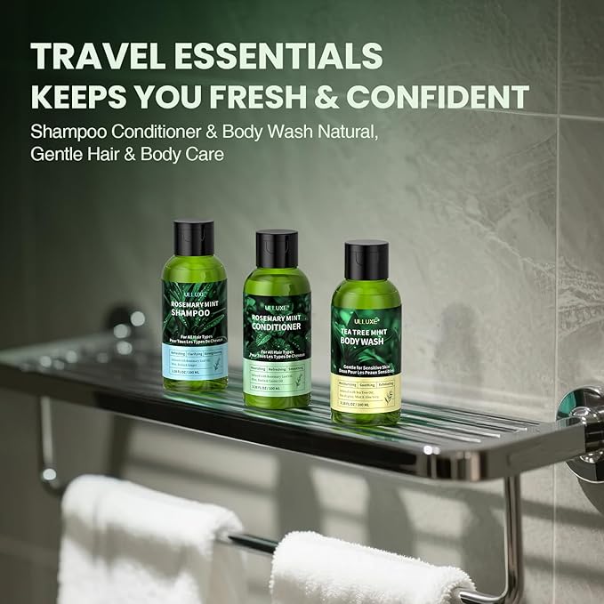 Travel Shampoo Conditioner and Body Wash Gift Set Trio, Travel Size Hair Care & Body Care for Trip, Outdoor, Camping, Hotel & Gyms, Anti-Dandruff, Nourish, Gentle For Baby, 3.38 Oz Travel Size Bottles