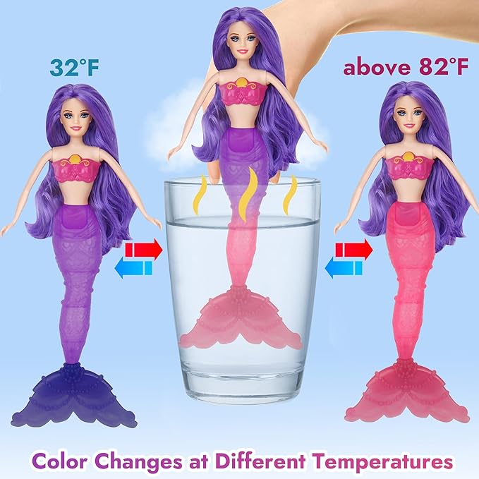 BETTINA Magical Color Changing Mermaid Doll, Princess Mermaid Toy with Seahorse & Dolls Accessories - Vibrant Purple Hair and Transforming Tail, Mermaid Gifts Toys for Girls Aged 3-7