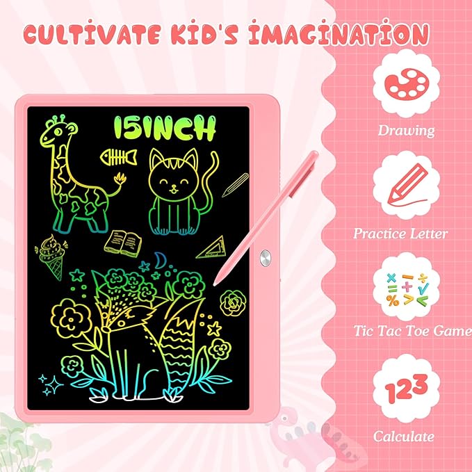 Decute Kids Toys LCD Writing Tablet with Stylus, 15 Inch Erasable Toddlers Doodle Board, Reusable Drawing Pad for Kids, Educational Christmas Birthday Gift for 3 4 5 6 7 8 Girls Boys Toddler Pink