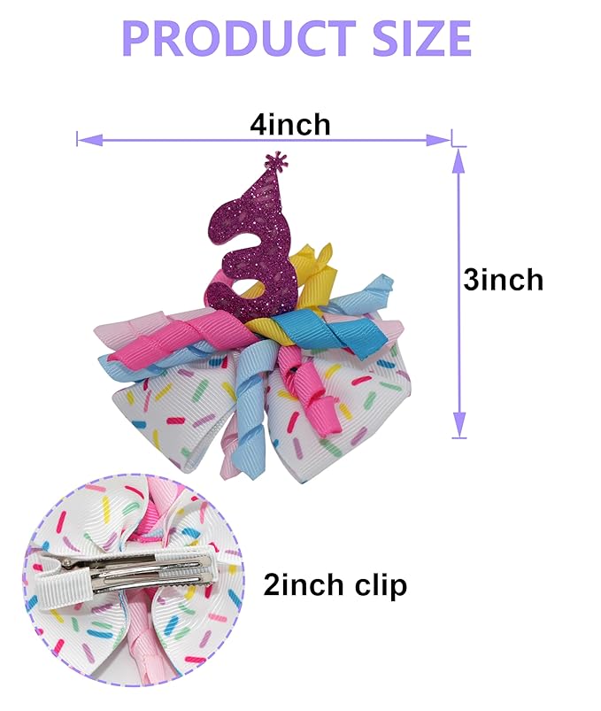 Birthday Hair Bow for Baby Girls 1 2 3 4 5 6 Years Sprinkle Decorations Party Pink Hair Accessories for Three 3rd Birthday Confetti Ice Cream