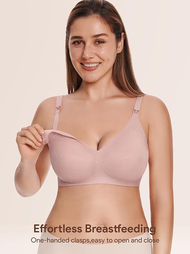Angelhood Nursing Bras for Breastfeeding, Seamless Wireless Comfort Push up Lace Nursing Maternity Bralette for Pregnancy