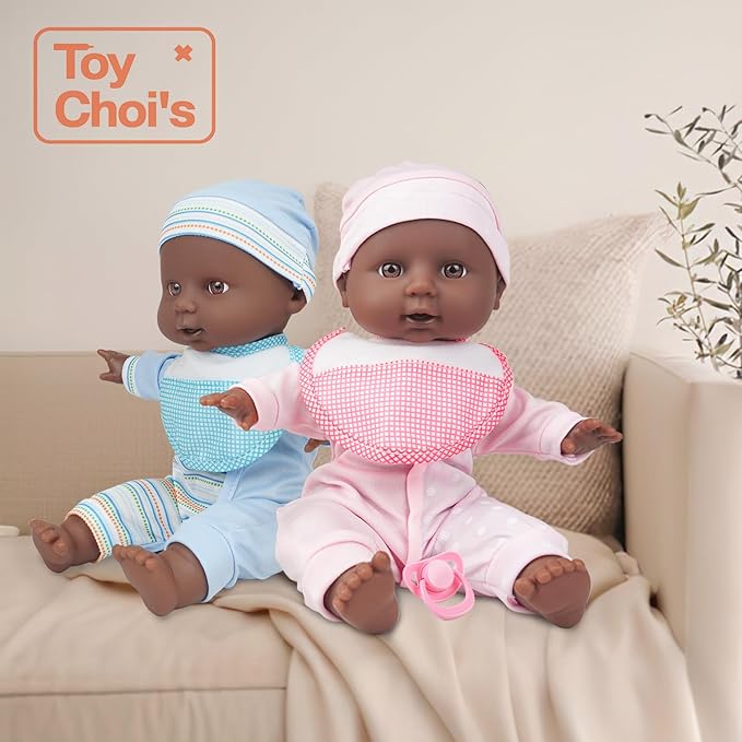 Toy Choi's Twin Baby Dolls - 12 inch Two Soft Black Body Babydoll with Rompers, Hat and Pacifier, Doll Bibs, Dolls Play Set for 2 3 4 5 Year Old Boys and Girls Gift