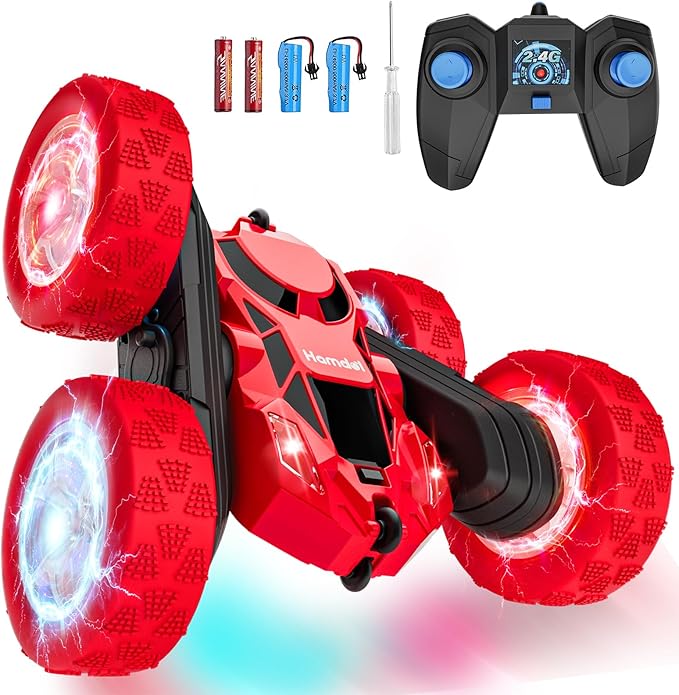 Remote Control Car for Kids Ages 6-12, 4WD RC Stunt Car with LED Lights & 360° Flips, 2.4GHz Fast Electric Toy Vehicle, Upgraded Battery, Birthday for Boys Ages 8-10