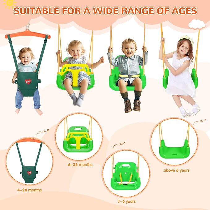 4-in-1 Swing Set & Baby Jumper and Bouncer for Toddler, Heavy Duty Baby Swing Set with Foldable Metal Stand for Indoor & Outdoor Play (Green)