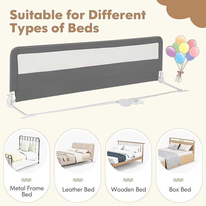 Costzon Bed Rail for Toddlers, 2 PCS Extra Long Swing Down Safety Bed Guards w/Straps for Convertible Crib, Kids Twin, Double, Full Size, Queen & King Bed, Folding Bed Rails for Baby (71-Inch, Gray)