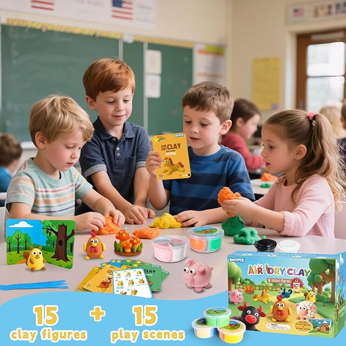 BEIREG Air Dry Clay Farm Adventure Kit for Kids - 15 DIY Farm Animals & Vegetables with Tutorials, Ultra Soft Modeling Magic Clay, Safe Non-Toxic STEM Educational Craft Gift for Boys & Girls Ages 3-12