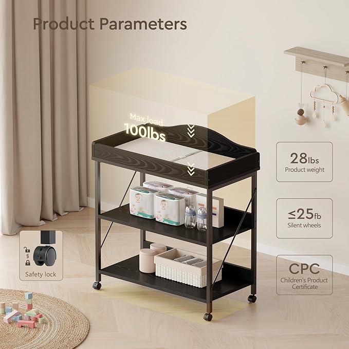 Baby Changing Table, Diaper Changing Station with Pad and Wheels, Two-Tier Open Storage Shelves, Waterproof Diaper pad & Safety Strap,Compact Baby Furniture for Nursery, Black